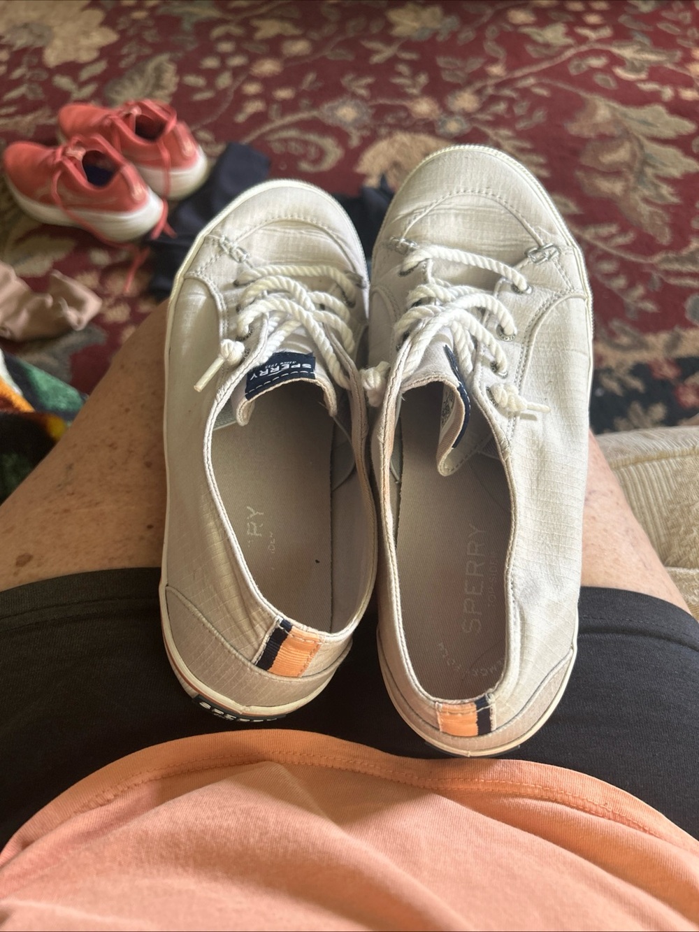 Sperry Beige Canvas Lace-Up Sneakers with Peach detail
